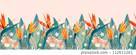 Tropical flower seamless border pattern with pastel color hibiscus, orange and yellow strelitzia, frangipani and green fern leaf horizontal background, hand drawing illustration 112611261