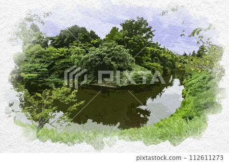 水彩風格的上田城,長野縣上田市主城土方工程的一角 水彩風格的上田城,長野縣上田市主城土方工程的一角 112611273