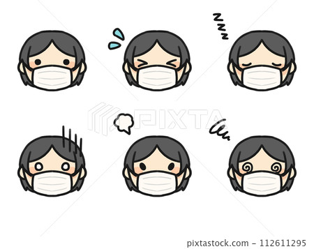 A set of various facial expressions with a middle-parted person wearing a mask A set of various facial expressions with a middle-parted person wearing a mask 112611295