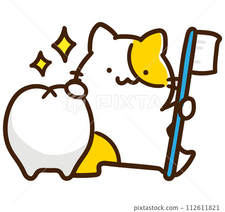 一隻手用牙刷清潔牙齒的可愛貓角色的變形插圖 112611821