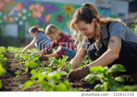 Young adults engaged in urban agriculture, planting vegetables in a community garden 112612159