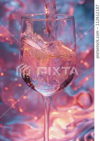 Rose wine pouring in glass, holographic, glowing neon lights color aesthetics. Drops and splashes of liquid around the wineglass. Party poster, celebration background 112612187