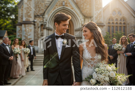 Romantic newlyweds outside church with bridal party 112612188