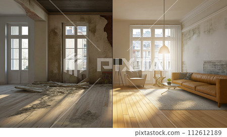 Before and after room renovation, wall painting. Modern apartment renovation. The interior of a house being constructed, restoration process, home refurnishment 112612189