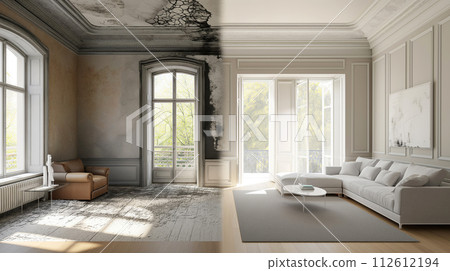 Before and after room renovation, wall painting. Modern apartment renovation. The interior of a house being constructed, restoration process, home refurnishment Before and after room renovation, wall painting. Modern apartment renovation. The interior of a house being constructed, restoration process, home refurnishment 112612194