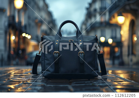 Elegant leather briefcase on cobbled street at twilight 112612205