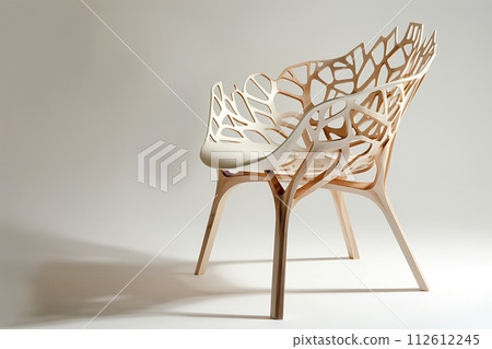 Stylish chair with white soft top and wooden legs isolated on light background. Design armchair made of wood. Modern interior furniture detail 112612245