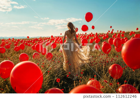 Dreamy field of red balloons with woman in elegant dress Dreamy field of red balloons with woman in elegant dress 112612246