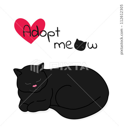 Adopt meow slogan with hand drawn lying black cat. Adopt a pet concept. Vector illustration 112612305