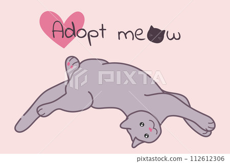 Adopt meow slogan with hand drawn cute posing cat. Adopt a pet concept. Vector illustration Adopt meow slogan with hand drawn cute posing cat. Adopt a pet concept. Vector illustration 112612306