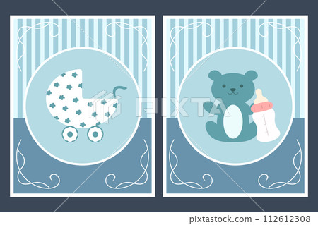 Template cards with baby carriage and teddy bear for boy. For baby shower or greeting card. Vector illustration 112612308