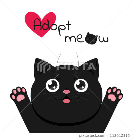 Cute black cat saying Adopt meow. Adopt a pet concept. Vector illustration 112612315