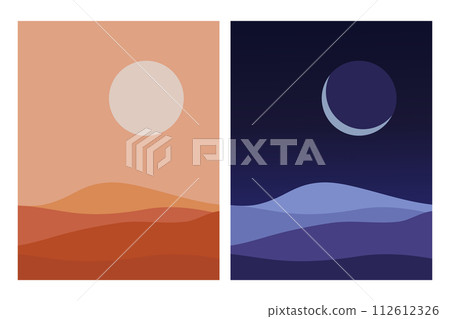 Night and day in desert. Minimalistic art of moon and sun above the sand dunes. Vector illustration 112612326