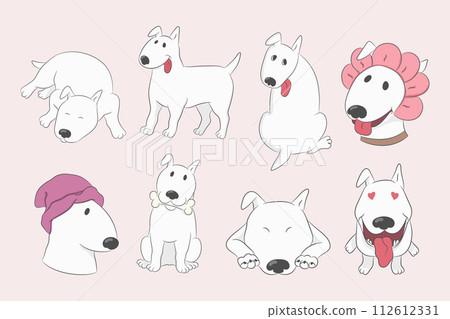 Cartoon dog set with a funny bull terrier. Funny dog character. Hand drawn vector illustration 112612331