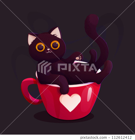 Black funny cat in pink cup with heart, cute character waving pet. Adorable love card, kitten in mug. 112612412