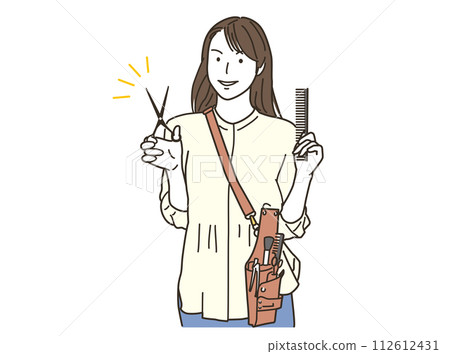 美髮師女人用理髮剪刀看著相機 112612431