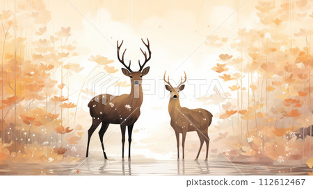 Stylized Deers Among Golden Foliage in a Dreamy Forest Stylized Deers Among Golden Foliage in a Dreamy Forest 112612467