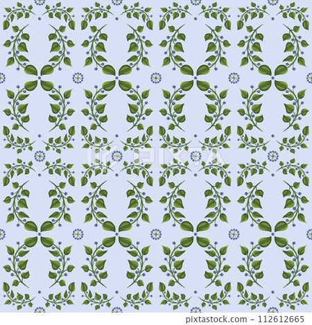Seamless botanical pattern with twigs and leaves. blueberries. Ornate pattern of plants, delicate curves and weaves. Seamless botanical pattern with twigs and leaves. blueberries. Ornate pattern of plants, delicate curves and weaves. 112612665