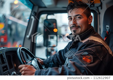 Confident male truck driver smiling in the cabin of a modern truck 112612907