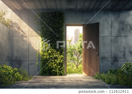 Serene doorway blends modern design with nature, leading to an urban park Serene doorway blends modern design with nature, leading to an urban park 112612911