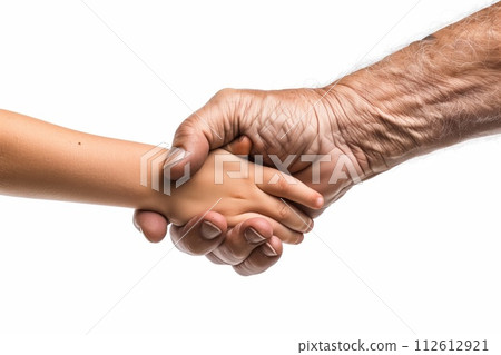 Intergenerational handshake on white background Intergenerational handshake on white background 112612921