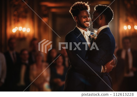 Radiant gay couple dancing on their wedding day, surrounded by friends and family 112613228