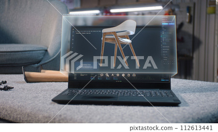 Digital 3D model of stylish wooden chair displayed on laptop and holographic virtual display Digital 3D model of stylish wooden chair displayed on laptop and holographic virtual display 112613441