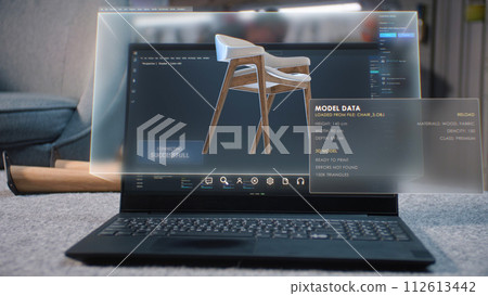 Digital 3D model of stylish wooden chair displayed on laptop and holographic virtual display Digital 3D model of stylish wooden chair displayed on laptop and holographic virtual display 112613442