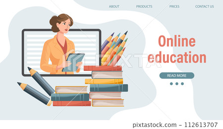 Online education or business training. A teacher, a computer mentor and a bunch of books and pencils. Illustration, template for landing page. Vector 112613707