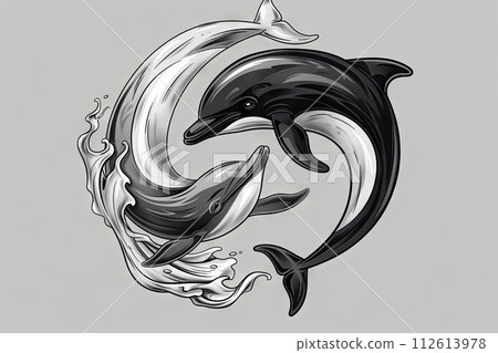 Black and white perfect symmetrical yin yang Symbol made of two dolphins, isolated on background 112613978