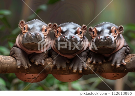 Hippo Baby group of animals hanging out on a branch, cute, smiling, adorable 112613990