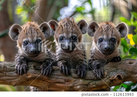 Hyena Baby group of animals hanging out on a branch, cute, smiling, adorable Hyena Baby group of animals hanging out on a branch, cute, smiling, adorable 112613993
