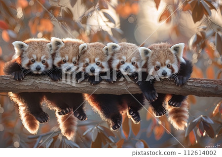 Red Panda Baby group of animals hanging out on a branch, cute, smiling, adorable 112614002