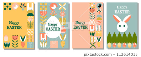 Geometric abstract pattern. Easter, eggs, flowers, plants of simple shapes. Vector illustration. 112614013