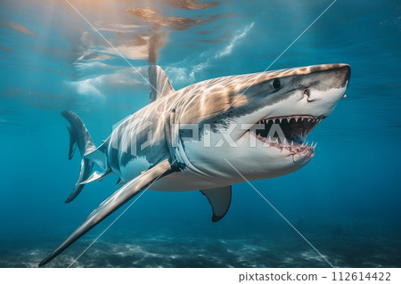 A shark in the water with its mouth wide open, displaying rows of sharp teeth. AI-generated item 112614422
