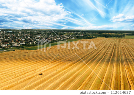 Aerial View Of summer Hay Rolls Straw Field Landscape. Haystacks, Hay Rolls. Harvest Season. Elevated View Aerial View Of summer Hay Rolls Straw Field Landscape. Haystacks, Hay Rolls. Harvest Season. Elevated View 112614627