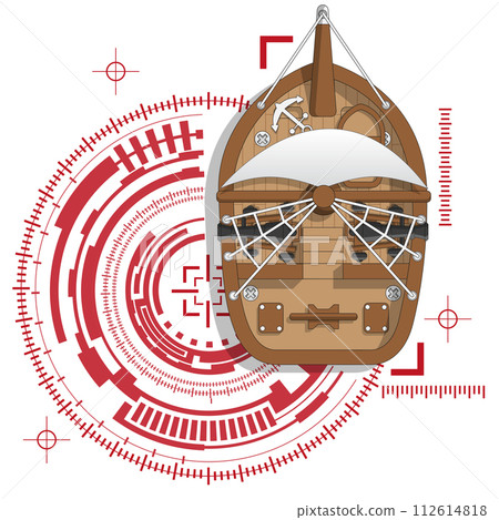 Sailing warship on a technological background. View from above. Isolated on white background. Vector illustration. 112614818
