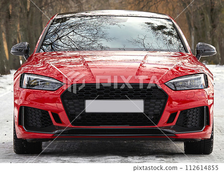 Modern red car driving on the road,  city car background 112614855