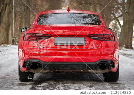 Modern red sport car in the winter forest background,  car wallpaper 112614880