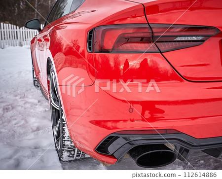 Modern sport car back lights, red city car background Modern sport car back lights, red city car background 112614886