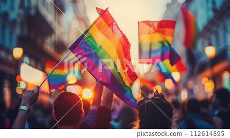 AI-generated content. Group of People Holding Rainbow Flag. Generative AI 112614895