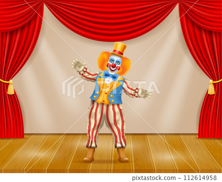 cheerful clown actor and circus character vector illustration 112614958