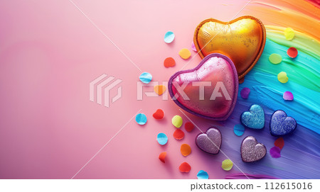 AI-generated content. Rainbow Colored Cake With Hearts and Confetti. Generative AI 112615016
