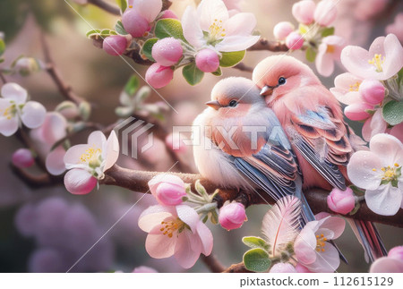 A pair of birds with soft pink and blue feathers sit on a branch with spring charry flowers A pair of birds with soft pink and blue feathers sit on a branch with spring charry flowers 112615129