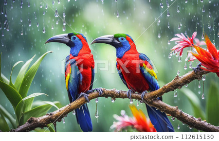 A pair of birds of paradise with red and blue feathers sit on a branch with spring flowers under the rain A pair of birds of paradise with red and blue feathers sit on a branch with spring flowers under the rain 112615130
