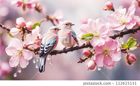 Close-up flowers on the branch , a pair of pastel pink birds feathers sit on a branch with spring apple flower 112615131