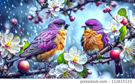A pair of birds colorful feathers sit on a branch with spring apple flowers, close-up flowers on the branch A pair of birds colorful feathers sit on a branch with spring apple flowers, close-up flowers on the branch 112615133