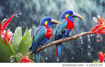 A pair of birds of paradise with red and blue feathers sit on a branch with spring flowers under the rain 112615134