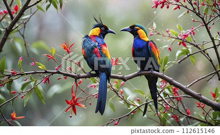 A pair of birds of paradise with red and blue feathers sit on a branch with spring flowers under the rain A pair of birds of paradise with red and blue feathers sit on a branch with spring flowers under the rain 112615146