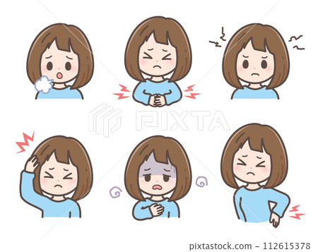 Illustration of symptoms of menstrual pain Illustration of symptoms of menstrual pain 112615378